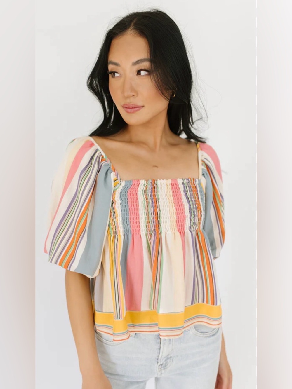 By Together Size Small Rainbow Stripe Smocked Puff Sleeve Peasant Crop Top Boho